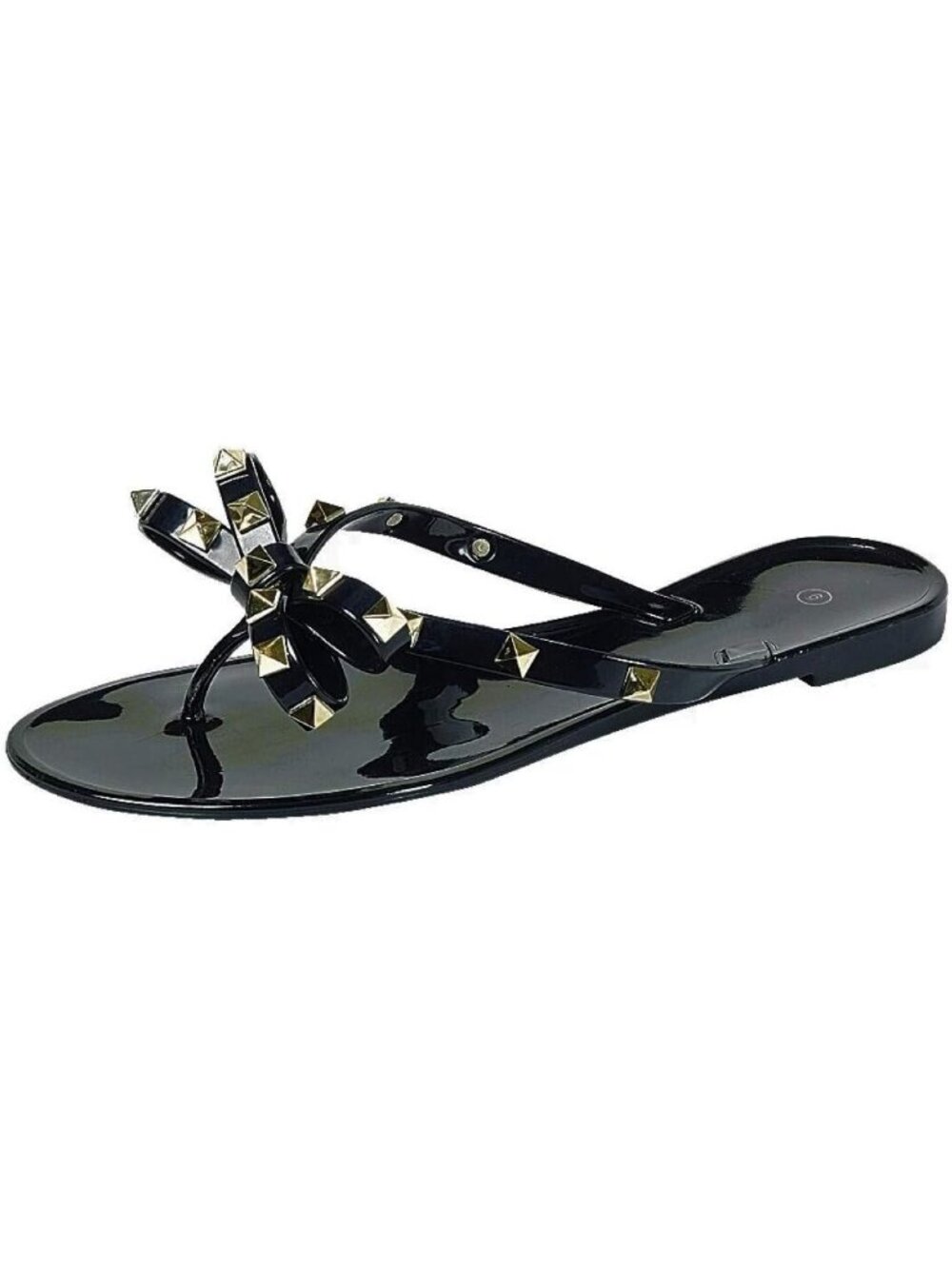 Women's Black Polyvinyl Chloride Studded Jelly Flip Flops Sandals with Bow